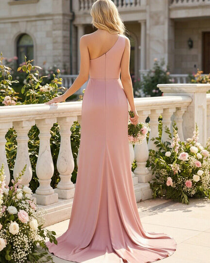 One Shoulder Pleated Satin Bridesmaid Dresses with Slit