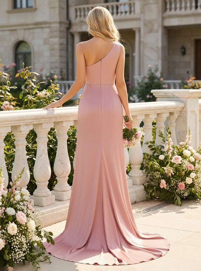 One Shoulder Pleated Satin Bridesmaid Dresses with Slit