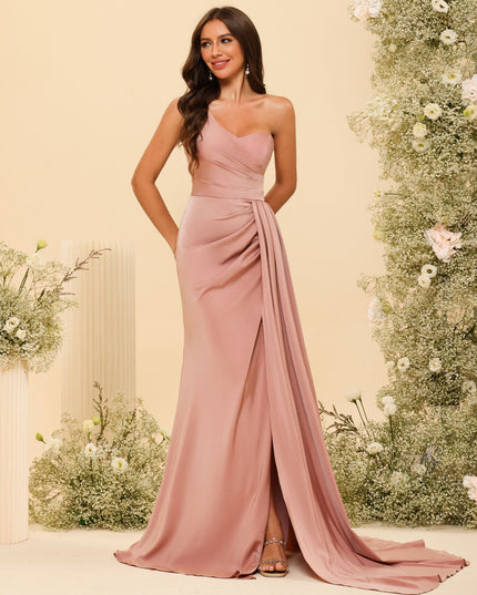 One Shoulder Pleated Satin Bridesmaid Dresses with Slit
