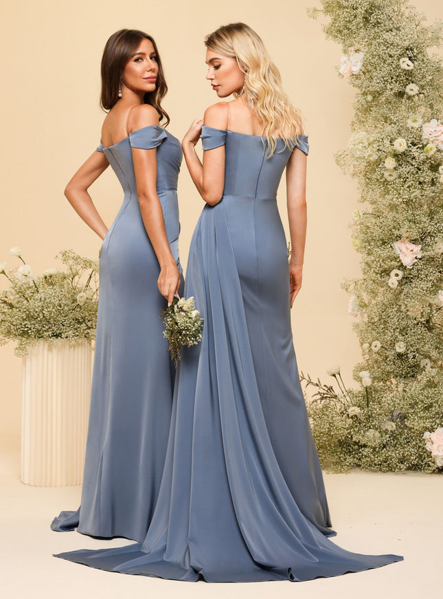 Off Shoulder Pleated Satin Bridesmaid Dresses with Slit
