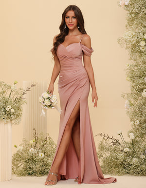 Off Shoulder Satin Pleated Bridesmaid Dresses with Slit