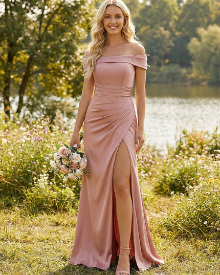 Off Shoulder Satin Pleated Bridesmaid Dresses with Slit