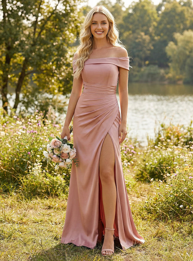 Off Shoulder Satin Pleated Bridesmaid Dresses with Slit