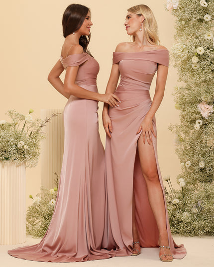 Off Shoulder Satin Pleated Bridesmaid Dresses with Slit