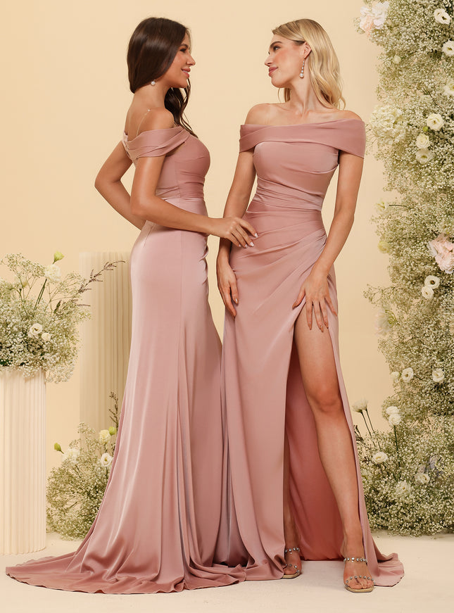Off Shoulder Satin Pleated Bridesmaid Dresses with Slit