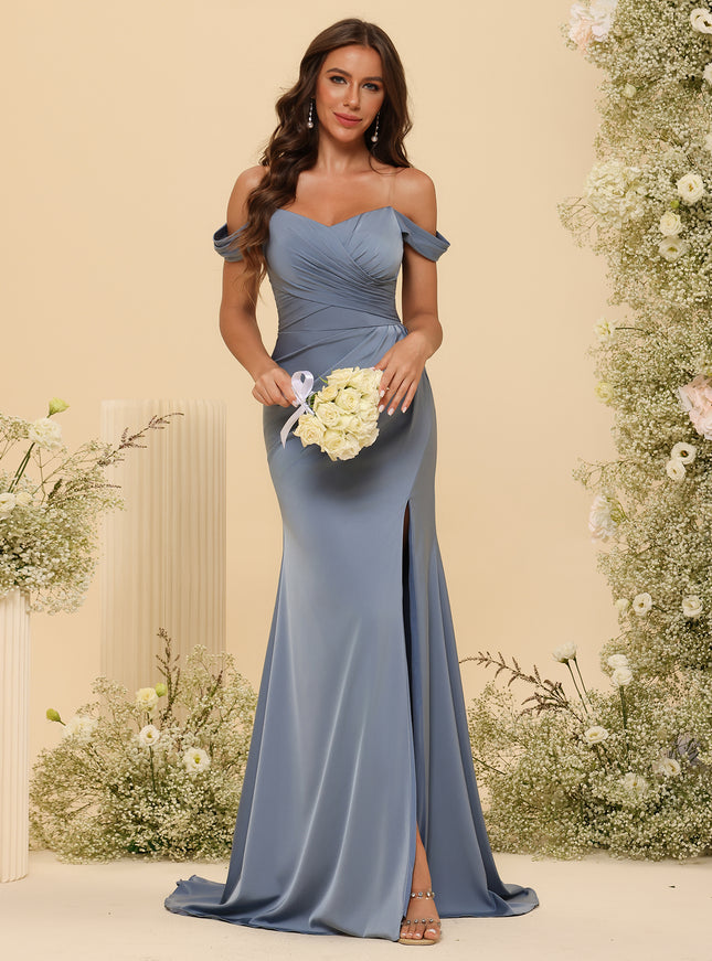 Off Shoulder Satin Bridesmaid Dresses with Pleats