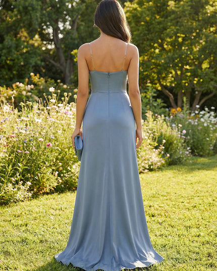 Spaghetti Straps V Neck Satin Bridesmaid Dresses with Slit
