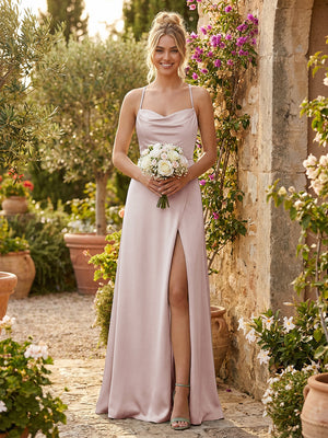 Spaghetti Straps Satin Backless Bridesmaid Dresses with Slit