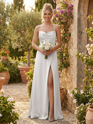 Spaghetti Straps Satin Backless Bridesmaid Dresses with Slit