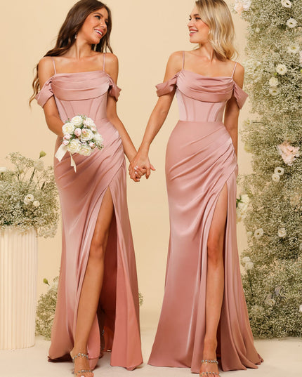 Spaghetti Straps Satin Bridesmaid Dresses with Pleats