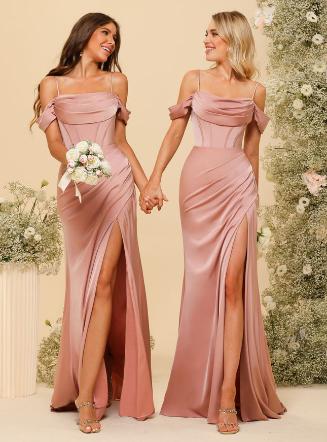 Spaghetti Straps Satin Bridesmaid Dresses with Pleats