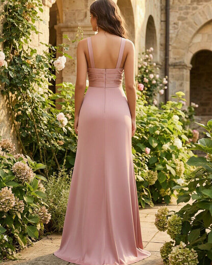 Halter Pleated Satin Bridesmaid Dresses with Slit