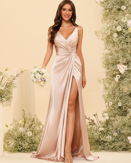 Sleeveless V Neck Satin Pleated Bridesmaid Dresses with Slit