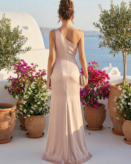 One Shoulder Satin Pleated Bridesmaid Dresses with Slit