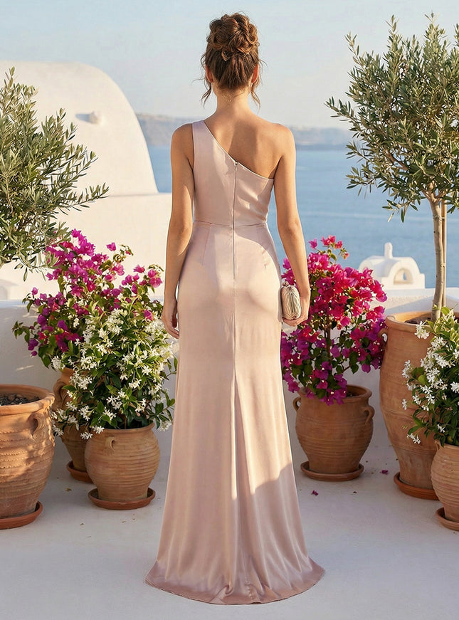 One Shoulder Satin Pleated Bridesmaid Dresses with Slit