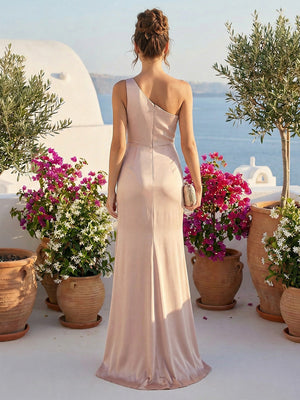 One Shoulder Satin Pleated Formal Dresses with Slit