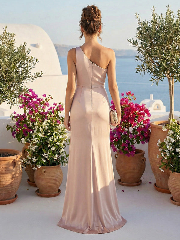One Shoulder Satin Pleated Formal Dresses with Slit
