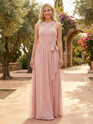 Chiffon Halter Pleated Ruched Bridesmaid Dresses