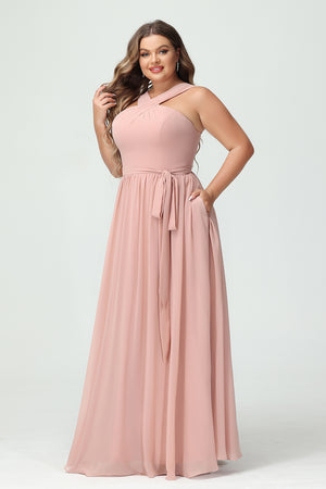 Chiffon Halter Pleated Ruched Bridesmaid Dresses
