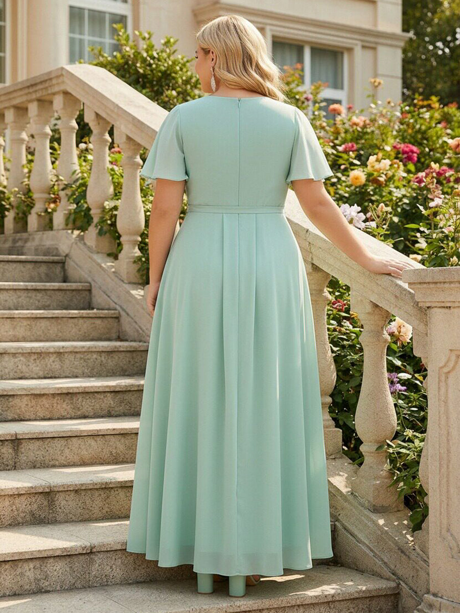 Chiffon V Neck Pleated Ruched Slit Bridesmaid Dresses with Pockets
