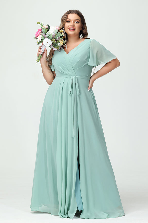 Chiffon V Neck Pleated Ruched Slit Bridesmaid Dresses with Pockets