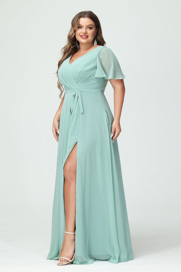 Chiffon V Neck Pleated Ruched Slit Bridesmaid Dresses with Pockets