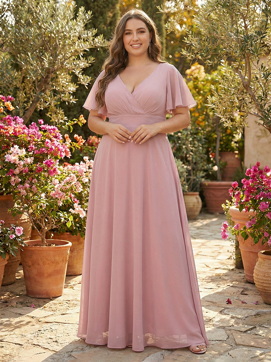 Chiffon V Neck Pleated Corset Bridesmaid Dresses with Pockets