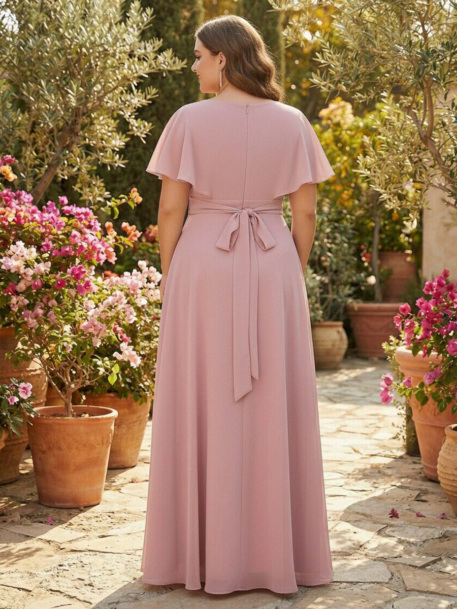 Chiffon V Neck Pleated Corset Bridesmaid Dresses with Pockets