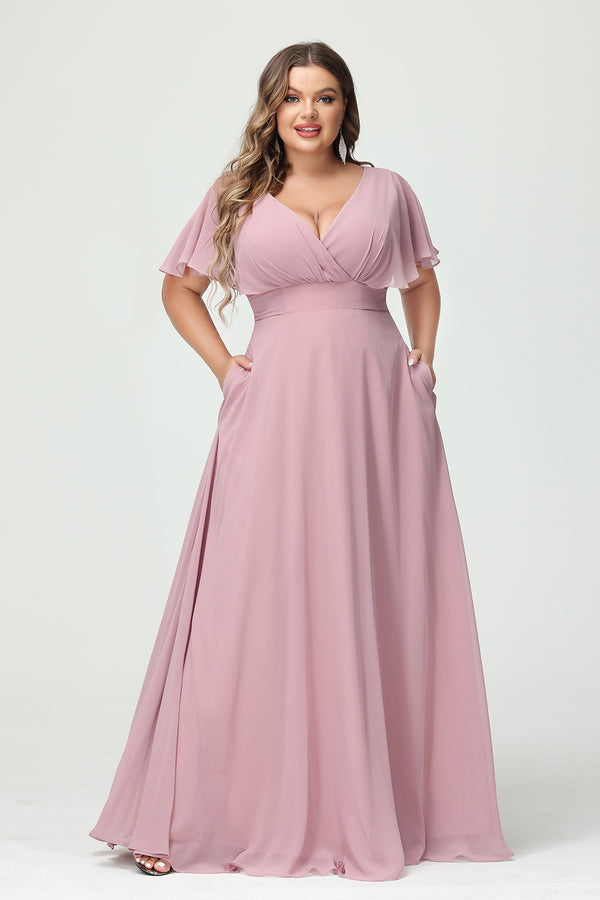 Chiffon V Neck Pleated Corset Bridesmaid Dresses with Pockets