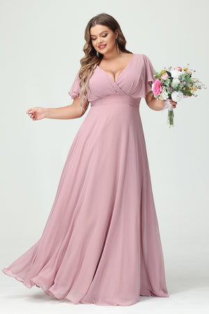 Chiffon V Neck Pleated Corset Bridesmaid Dresses with Pockets
