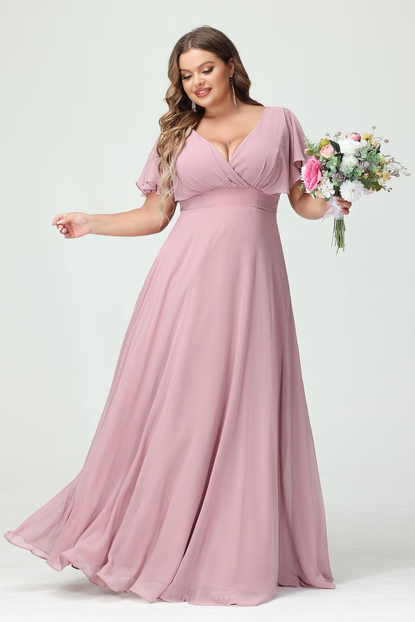 Chiffon V Neck Pleated Corset Bridesmaid Dresses with Pockets