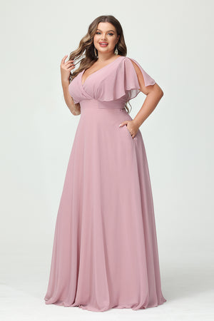 Chiffon V Neck Pleated Corset Bridesmaid Dresses with Pockets