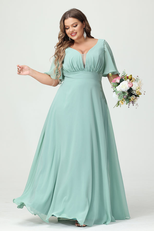 Chiffon V Neck Pleated Corset Bridesmaid Dresses with Pockets