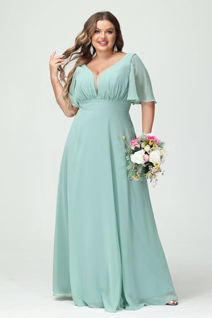 Chiffon V Neck Pleated Corset Bridesmaid Dresses with Pockets