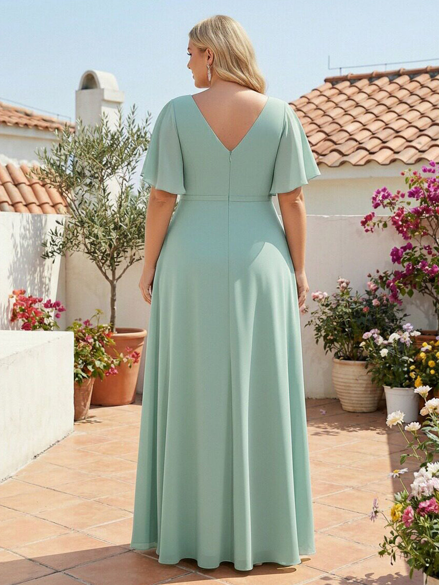 Chiffon V Neck Pleated Ruffles Corset Bridesmaid Dresses with Slit