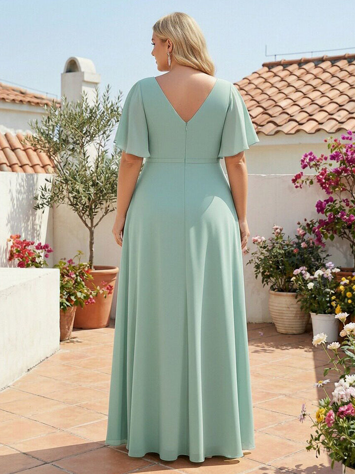 Chiffon V Neck Pleated Ruffles Corset Bridesmaid Dresses with Slit