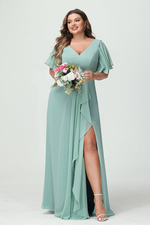 Chiffon V Neck Pleated Ruffles Corset Bridesmaid Dresses with Slit