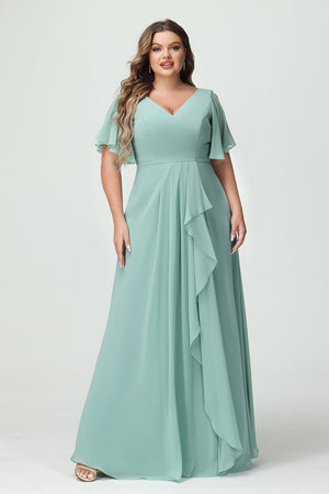 Chiffon V Neck Pleated Ruffles Corset Bridesmaid Dresses with Slit