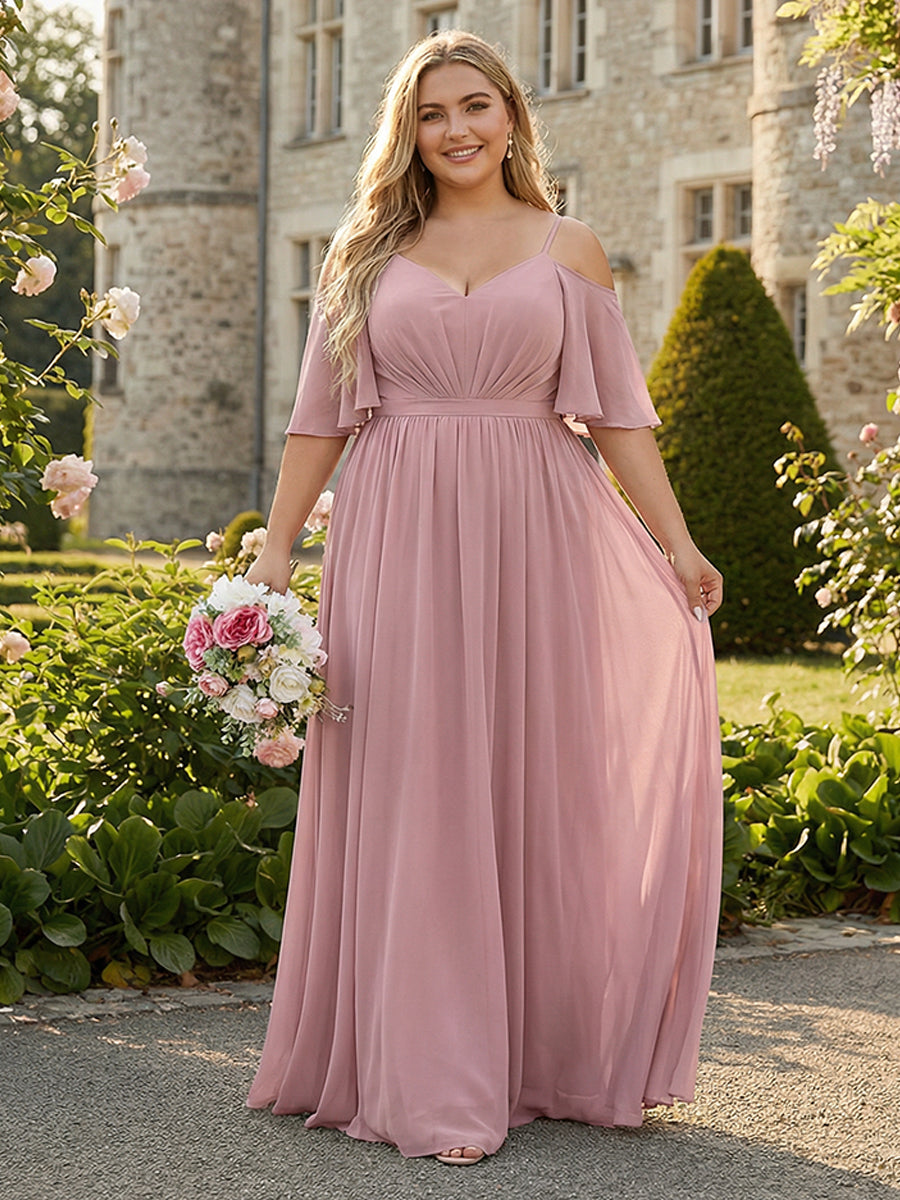 Chiffon Spaghetti Straps V Neck Pleated Ruffles Corset Bridesmaid Dresses