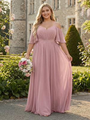 Chiffon Spaghetti Straps V Neck Pleated Ruffles Corset Bridesmaid Dresses