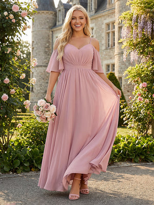 Chiffon Spaghetti Straps V Neck Pleated Ruffles Corset Bridesmaid Dresses