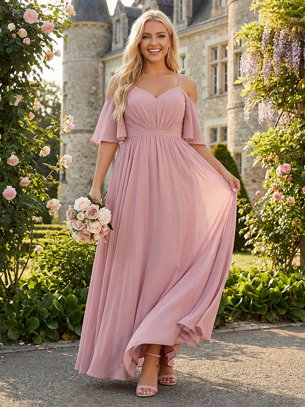 Chiffon Spaghetti Straps V Neck Pleated Ruffles Corset Bridesmaid Dresses