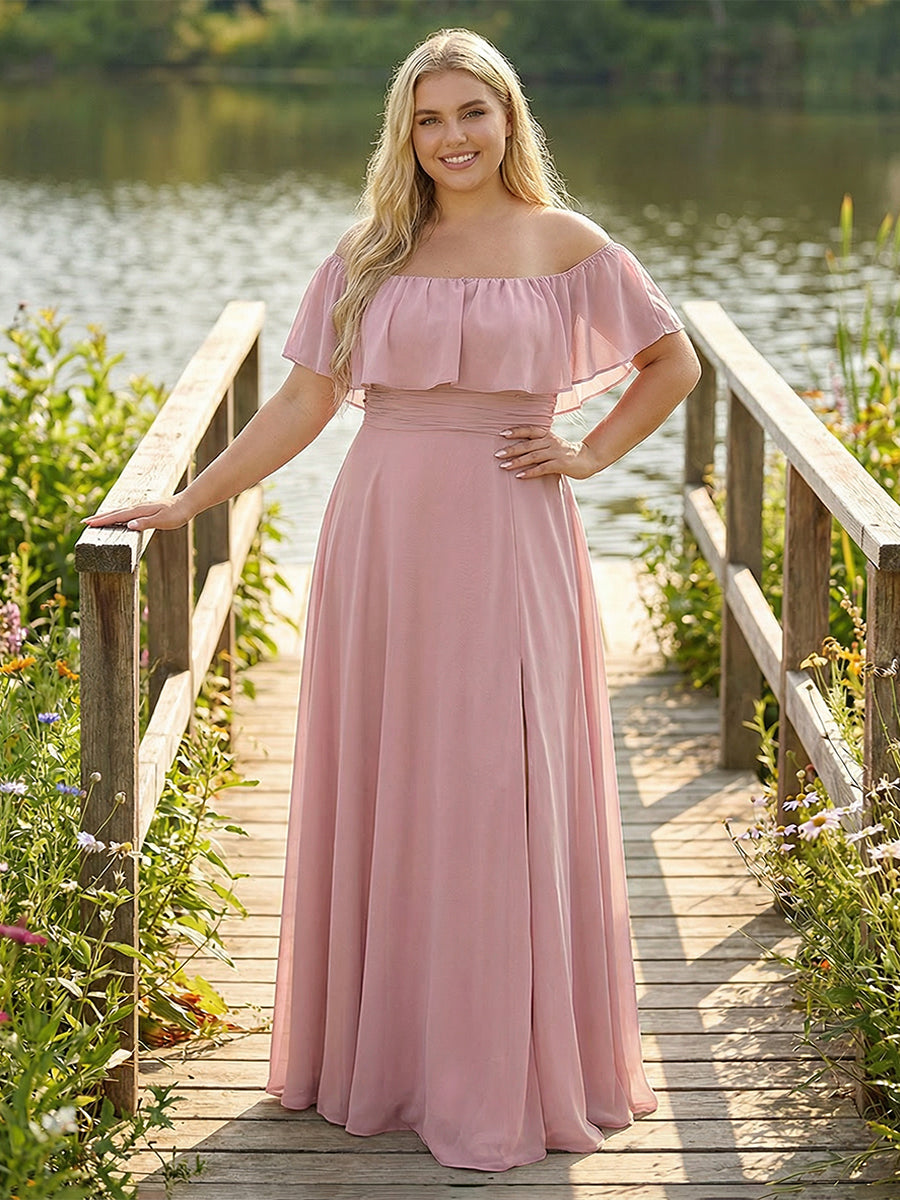 Chiffon Off the Shoulder Pleated Corset Bridesmaid Dresses Pockets with Slit
