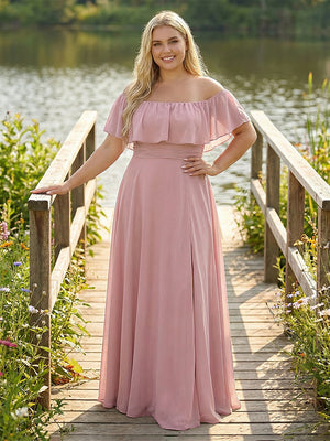 Chiffon Off the Shoulder Pleated Corset Bridesmaid Dresses Pockets with Slit