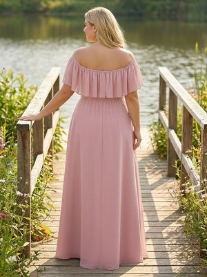 Chiffon Off the Shoulder Pleated Corset Bridesmaid Dresses Pockets with Slit