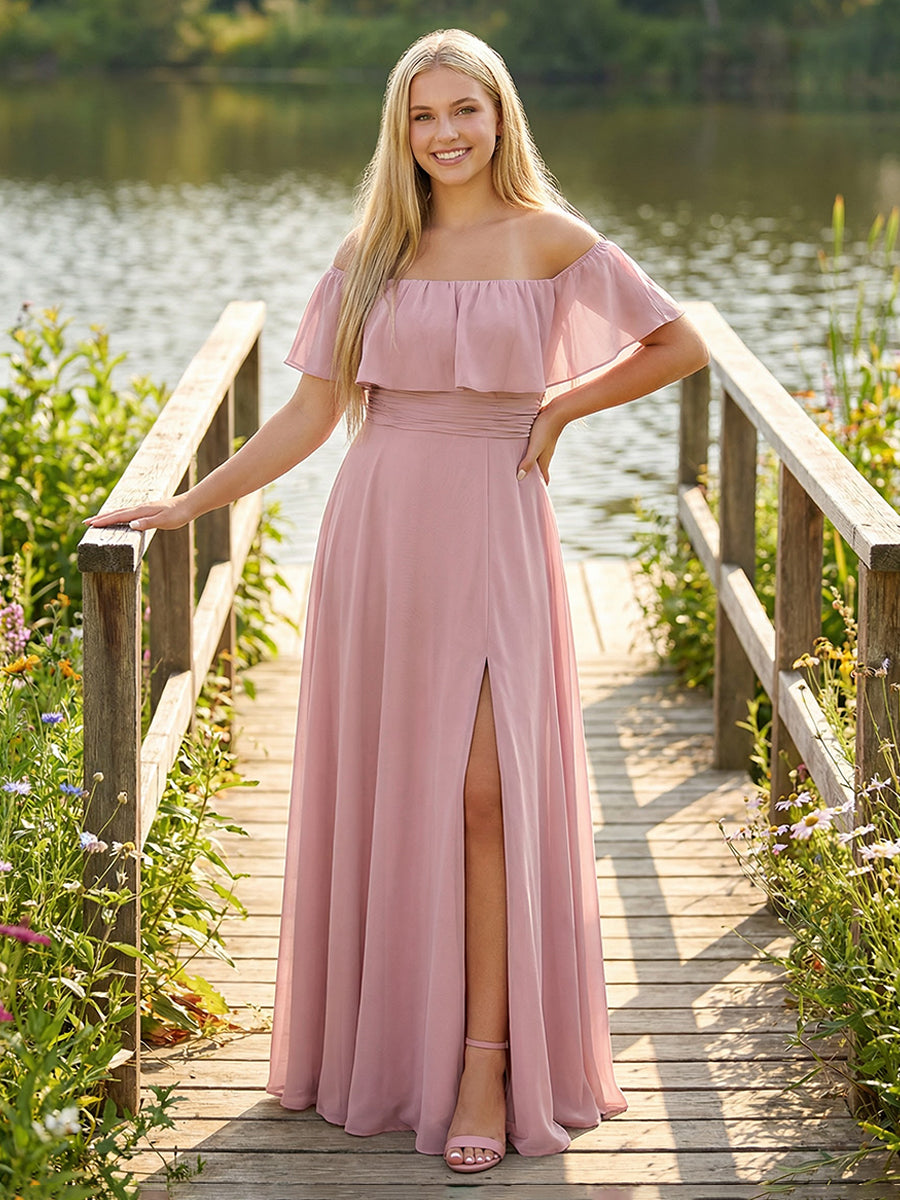 Chiffon Off the Shoulder Pleated Corset Bridesmaid Dresses Pockets with Slit