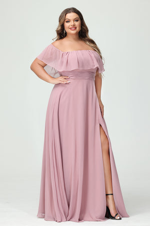 Chiffon Off the Shoulder Pleated Corset Bridesmaid Dresses Pockets with Slit