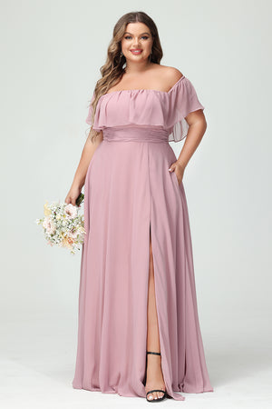 Chiffon Off the Shoulder Pleated Corset Bridesmaid Dresses Pockets with Slit