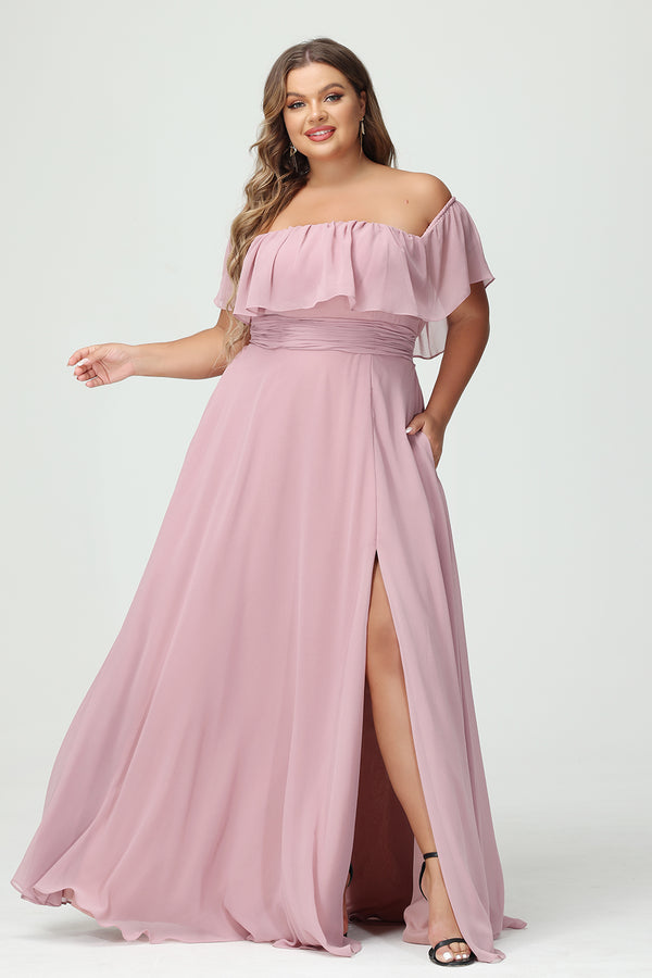Chiffon Off the Shoulder Pleated Corset Bridesmaid Dresses Pockets with Slit