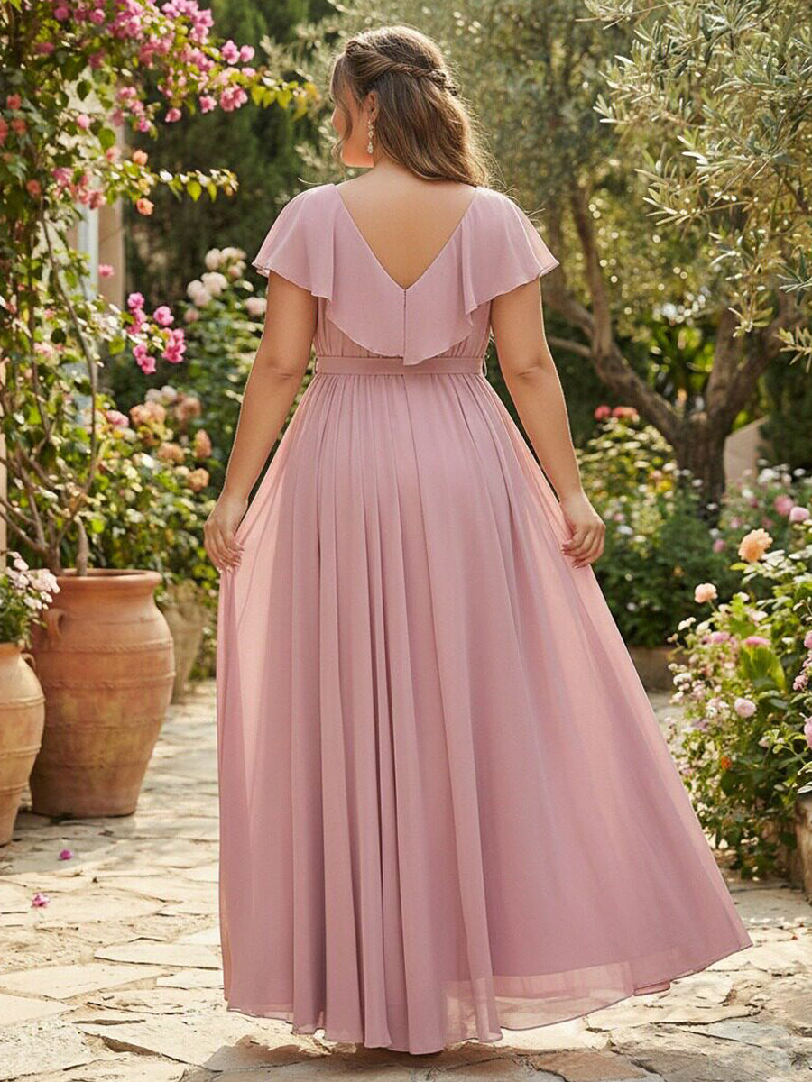 Chiffon V Neck Ruffles Pleated Corset Bridesmaid Dresses Pockets with Slit
